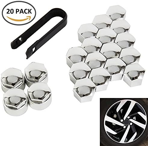 WarmCare 20 Pcs Wheel Lug Nut Bolt Cover Caps New Universal 17mm with Removal Tools for Audi VW Vauxhall BMW Mercedes Ford Peugeot Silver