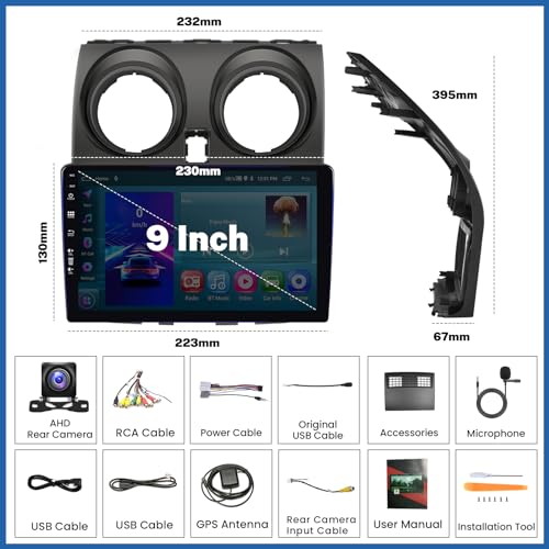 SIXWIN 2GB+64GB Android 13 Car Radio for Nissan Qashqai J10 2006-2016 with CarPlay/Android Car, HD 9 Inch Touchscreen Screen Navigator with WiFi RDS FM USB Bluetooth Mirror Link Steering Wheel Controls