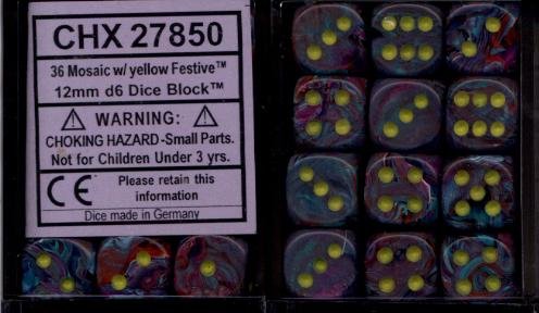 Chessex Dice d6 Sets: Festive Mosaic / Yellow - 12mm Six Sided Die (36) Block of Dice