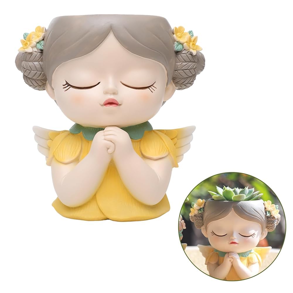 Les-Theresa Cute Face Plant Pots, 4.13" x 3.54" Resin Head Flower Pots, Succulent Planter with Drainage, Yellow, Indoor/Outdoor