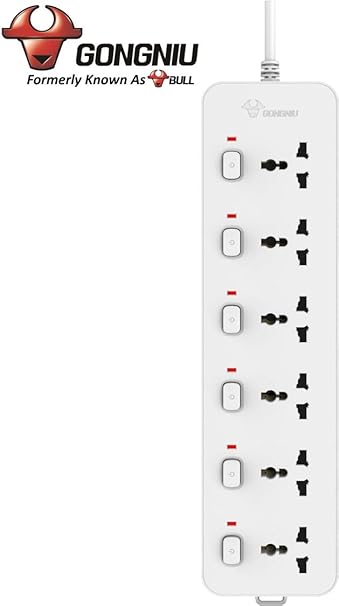 Gongniu (Formerly Bull) Extension Board; 6 Socket, 6 Switch, 3 M Wire