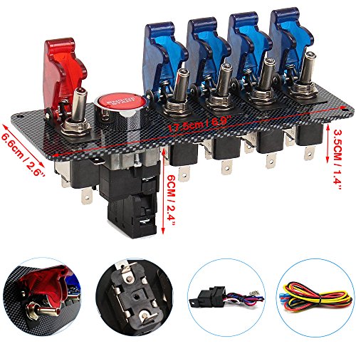 Amadget 12V Racing Car Ignition Switch Panel, Auto Engine Starter Push Button Racing Ignition Switch + 4 Blue & 1 Red LED Toggle Button Panel