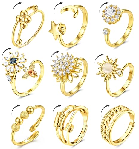 Kakonia 9 Pieces Spinner Ring Women Band Ring Spinner Ring Open Adjustable Stackable Zirkonia Planet Sunflower Flowers Ring Tu ES My Sun Ring Twirl Rings Gift