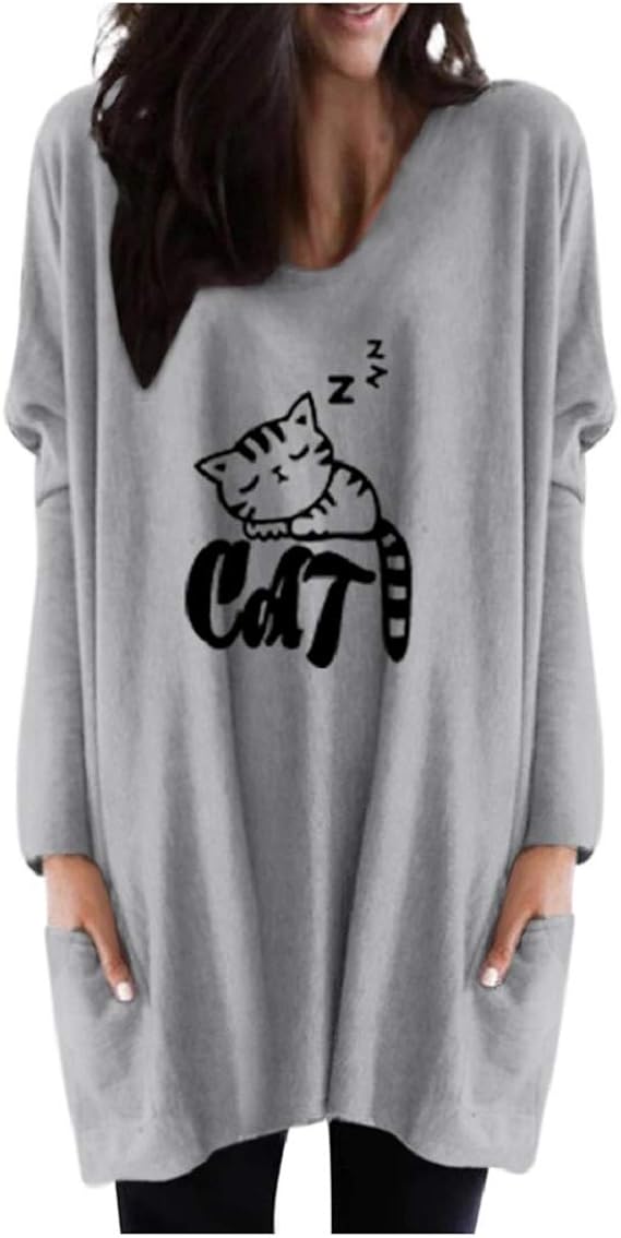 Womens Plus Size Cat Print Tunic Tops Casual VNeck Long Sleeve Blouse