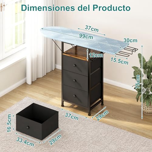 Uzelia Tabla de Planchar Plegable, 110×29×75cm, Burro de Planchar con Soporte para Plancha y Tres Cajones, Estructura de Hierro Más Estable, Adecuado para Salas de Estar, Dormitorios y Lavaderos