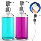 Soap Dispensers Bottles 16 oz w/ Stainless Steel Pump (2 Pack) Empty Refillable Round Clear Glass Pump Bottles, Bathroom & Kitchen Countertop Soap Dispensers, FREE Extra Pump & Magic Sponge included