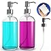 Soap Dispensers Bottles 16 oz w/ Stainless Steel Pump (2 Pack) Empty Refillable Round Clear Glass Pump Bottles, Bathroom & Kitchen Countertop Soap Dispensers, FREE Extra Pump & Magic Sponge included