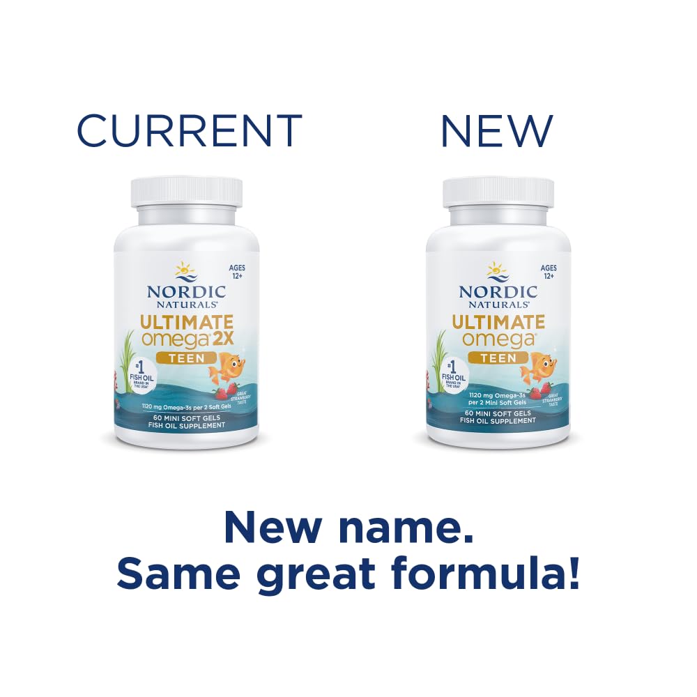 Nordic Naturals Ultimate Omega 2X Teen, Strawberry - 60 Mini Soft Gels - 1120 mg Total Omega-3s with EPA & DHA - Brain Health, Positive Mood, Social Development, Learning - Non-GMO - 30 Servings
