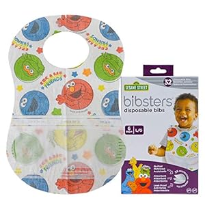 Bibsters Sesame Street Large Disposable Bibs with Patented Crumb-Catcher, Leakproof Liner, and Reusable Fastener -Age 6…