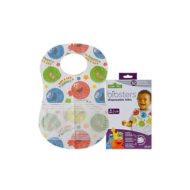 Bibsters Sesame Street Large Disposable Bibs with Patented Crumb-Catcher, Leakproof Liner, and Reusable Fastener -Age 6…