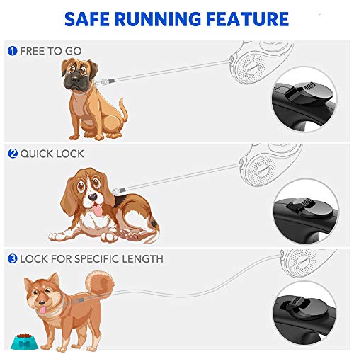 Peteast Retractable Dog Leash, 360° Tangle-Free, Heavy Dutyup to 55Lbs Pets, 16' Strong Reflective Nylon Tape with Waste Bag Dispenser, One-Handed Brake/Pause/Lock, Black, Medium