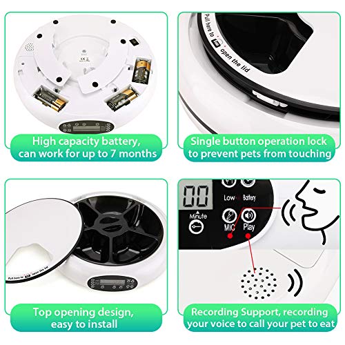 Pet Automatic Feeder Cats Dogs, Food Dispenser Timed Feed Bowl, 5 Meal Trays Dry Wet,Voice Recorder,LCD Smart Programmable Self Container Digital Clock, Portion Control (Auto Feeder)
