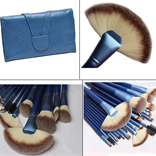 Professional 24pcs Blue Cosmetic Makeup Brushes Kit Toiletry set + Leather Case