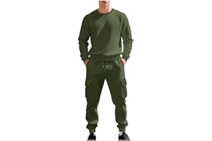 Cambkatl Men's Waffle Knit Tracksuit Sets - Pullover Crewneck Sweatshirts & Cargo Pants Casual Solid Jogging Sweatsuits