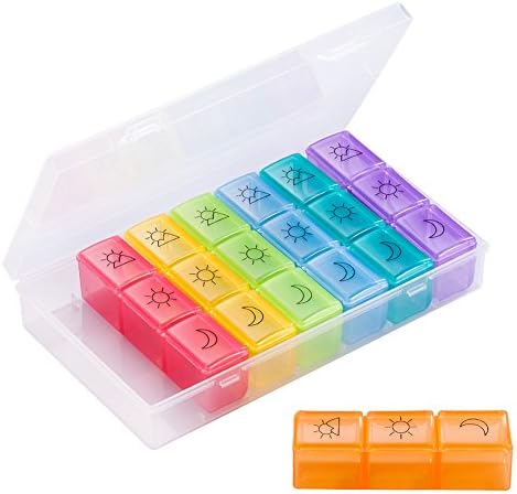 KUMFI Pill Box Organiser, Medicine Tablet Dispenser Organizer Box 7 Days AM PM 3 Times Daily Travel Large Pill Reminder Vitamin Fish Oil Containers,21 Compartments Rainbow