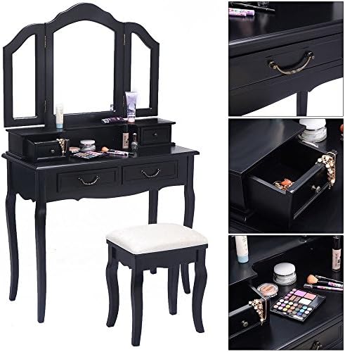 Pretty Nice Beautiful Attractive Vanity Tri-fold Mirror Design Vanity Black Tri-Folding Mirror Vanity Set 4 Drawers Dressing Table Makeup Desk & Stool Must Have Table Bedroom Decor Household Items