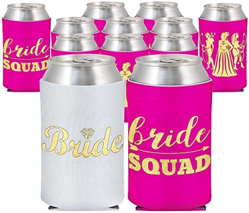 Bachelorette and Bridal Party Beer Coolies - 12 Total - "Buy Me a Shot I'm Tying the Knot" &amp; "Bride Squad" - 1 Unique White One for the Bride and 11 Pink for the Bride's Friends and Bridesmaids