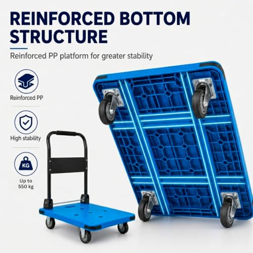 Folding Platform Cart Supports 550 kg Blue, TPR Wheels 5" | Warehouse & Moving Cargo Trolley