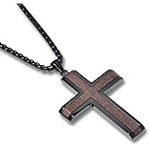 Wooden Cross Necklace for Men, Authentic Handmade Ebony Production, Black Mens Cross Necklaces Christian Baptism Pendant, 24 Inch Stainless Steel Box Chain, Simple Jewelry Gifts Suitable for Men