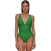 DKNY Womens Shirred Side-tie One Piece Swimsuit with Tummy Control
