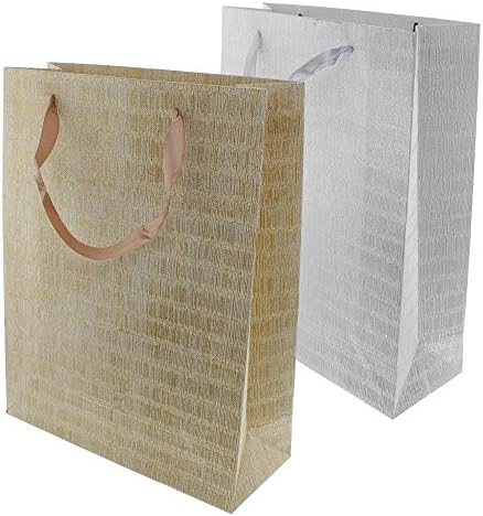 Elegant Gold &amp; Silver Textured Metallic Glitter All Occasion Gift Bags with Handles, Large, 2 Pack, 10" x 13" x 4"