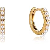 Kenivira Gold Pearl Hoop Earrings for Women | 18K Gold Huggie Dangle Earrings | Lightweight Small Hoop Earrings