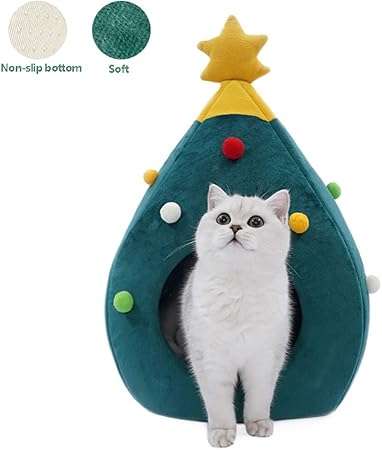 Stella Di Natale E Gatti.Hmpet Letto Per Gatto Albero Di Natale A Forma Di Lussuoso Letto Per Animali Domestici Grotta Caldo Nascondiglio Velvet Cozy Semi Chiuso Nido Con Palla Di Natale Colorata E Stella In Alto Verde S Amazon It