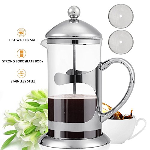 Click Here to See More Images SAILNOVO French Press Coffee Maker 2 IN 1 Stainless Steel Filter Borosilicate Glass Espresso or Tea Maker 8 Cups of coffee, 34 Oz 1000ML