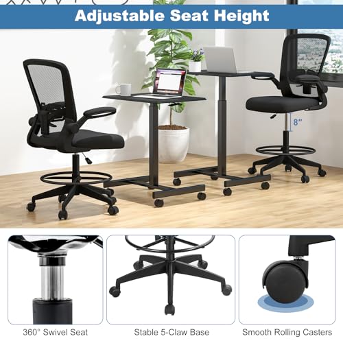 POWERSTONE Drafting Chair, Ergonomic Tall Office Chair for Standing Desk with 3IN Thick Cushion, Flip-up Arm, Adjustable Back Support & Footrest Workbench Rolling Stool Computer Chair (Black 1PCS)