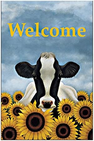 Cute Garden Flag Welcome Flag-Cow Around By Blosoming Sunflowers Double Sided Outdoor Flags Of 100% Polyester And Waterproof Fade And Mildew Resistant-12.5 X 18 Inch Banner