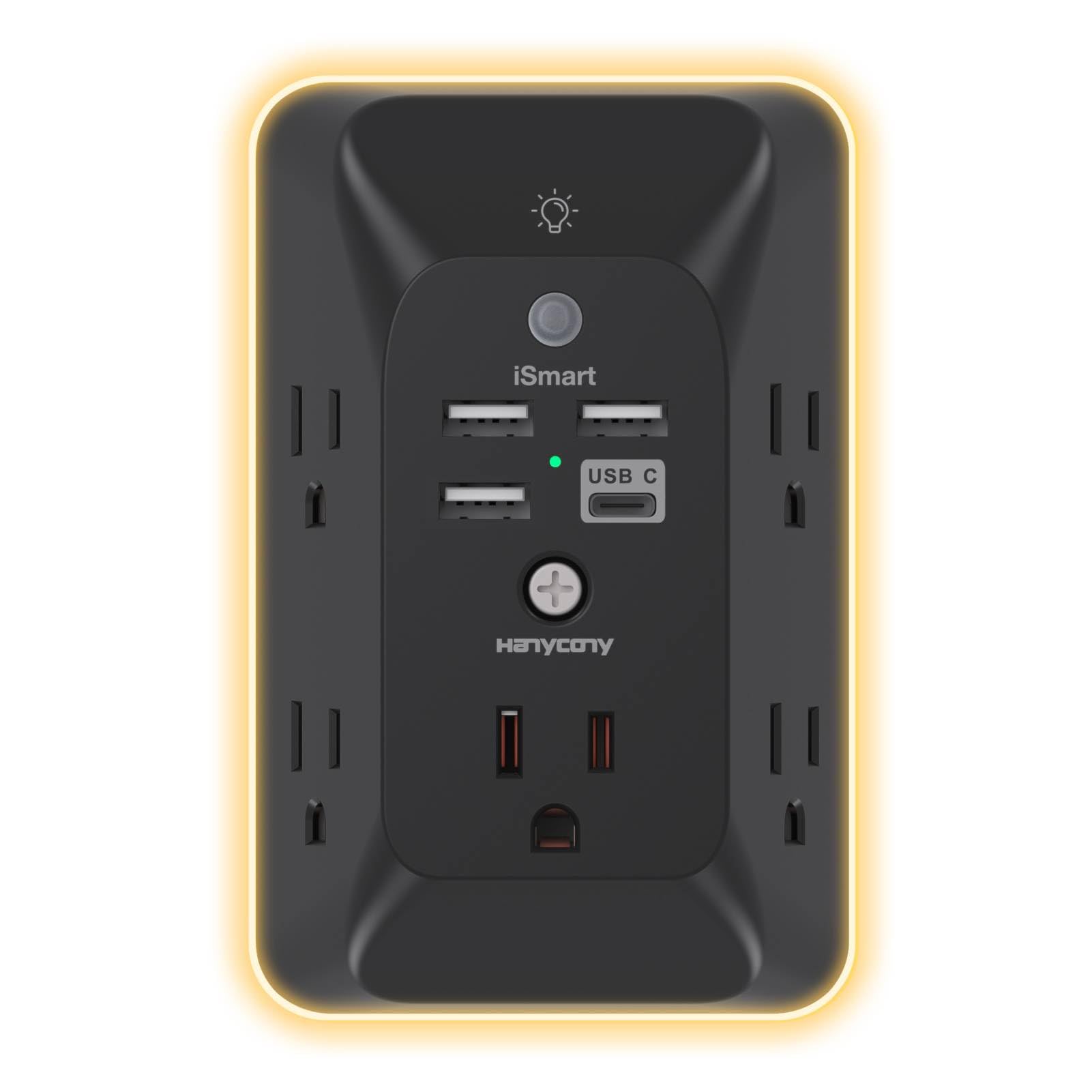 Black Outlet Extender with Night Light, HANYCONY Multi Plug Outlet, USB Wall Charger Surge Protector 4 USB Charging Port(1USB C), Power Strip Electrical Outlet Splitter Expander for Office Dorm Room