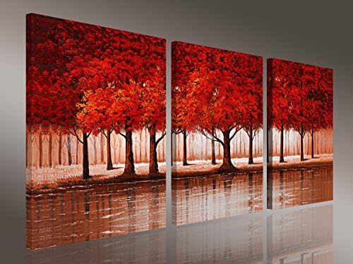 Skywardart-sky05 Red Forest Modern 3 Piece Stretched and Framed Artwork Giclee Canvas Prints Landscape Paintings on Canvas Wall Art for Living Room Bedroom Home Decorations