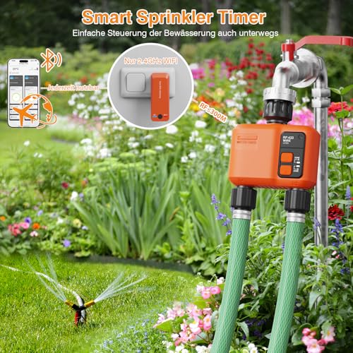 XinFuture Irrigation Computer WLAN 2 Outputs with 300 Metres RF, Strong Wall Penetration, Smart Irrigation Clock with App & Alexa Language, Automatic Watering System Rain Delay for Garden