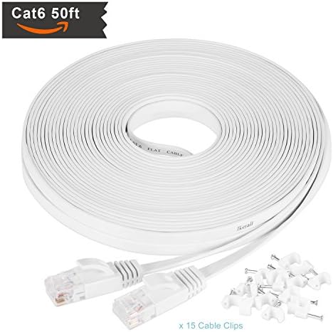 Ikerall Cat6 Ethernet Cable 50 ft White with Free White Cable Clips RJ45 Flat Ethernet Patch Cable Internet Wire 50 Feet(15 Meters)