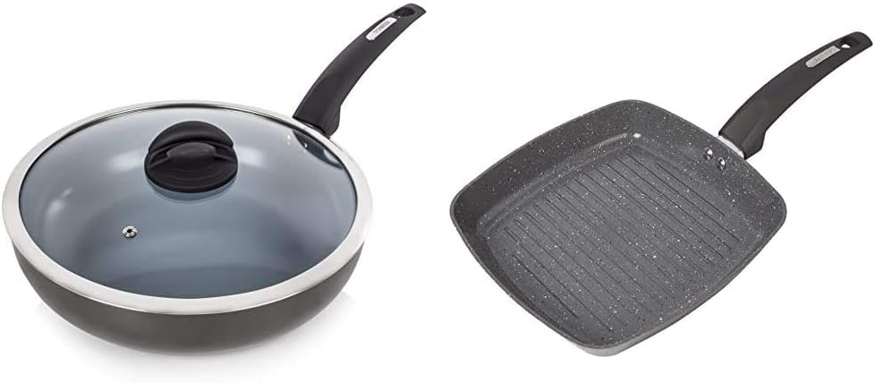 TowerCerasure Induction Saute Pan With Lid, Non Stick Ceramic Coating, Aluminium, Graphite, 28 cm & Cerastone Induction Grill Pan, Non Stick Ceramic Coating, Easy to Clean, Graphite, 25 cm