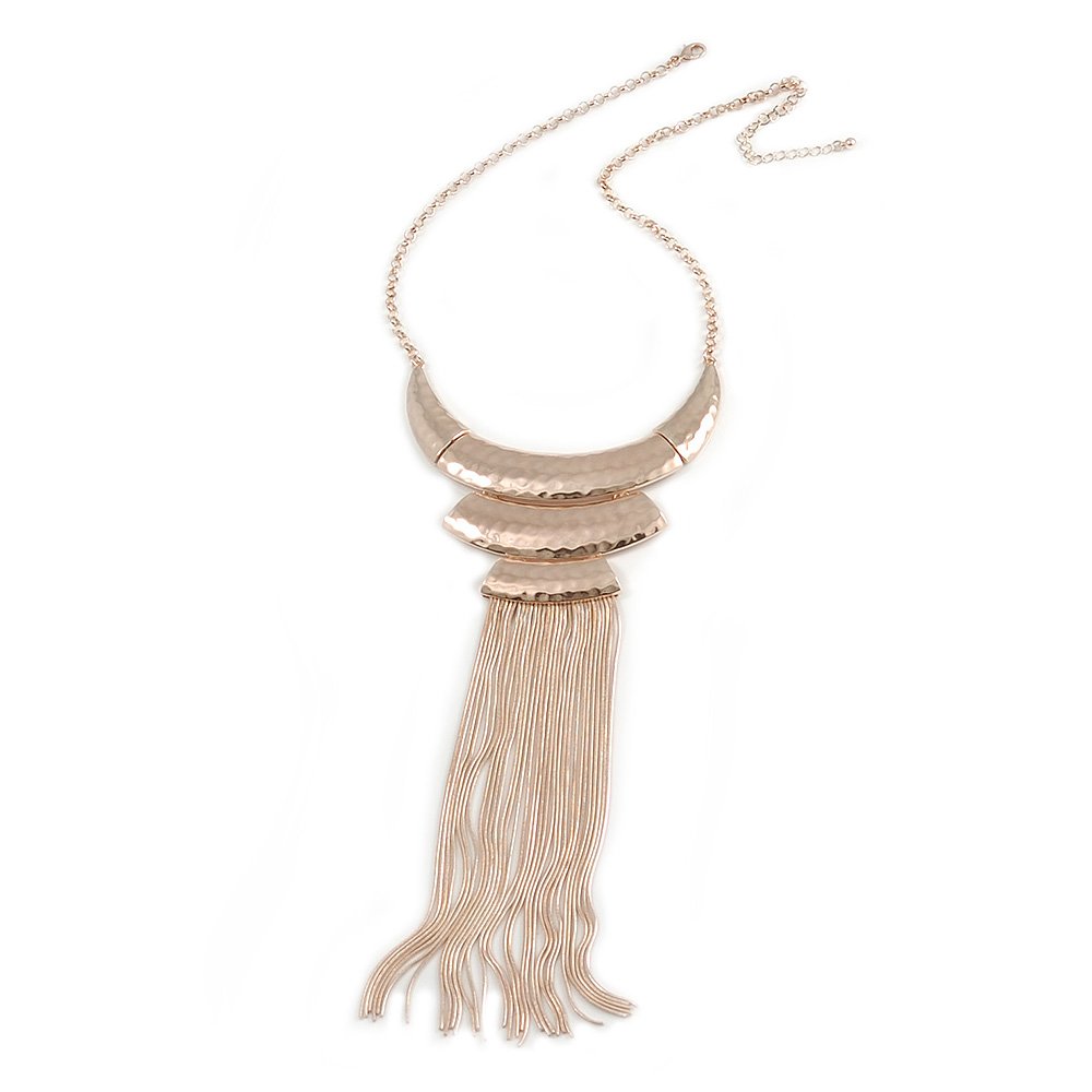 Avalaya Statement Hammered Bib with Long Fringe Necklace/Rose Gold Metal/ 46cm Long/ 8cm Ext