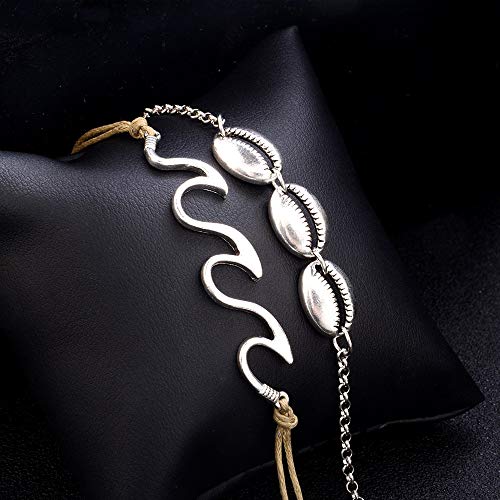 2 pcs Bohemia Anklets for Women Wave Alloy Shell Bracelets Rope Beach Foot Chain Jewelry GIF (Silver) - Thumbnail 4