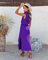 Asskdan Womens Elegant Solid A-Line Sleeveless Slit