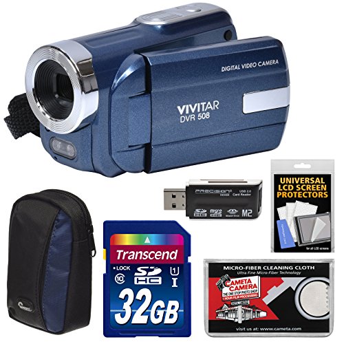 Click Here to See More Images Vivitar DVR-508 HD Digital Video Camera Camcorder (Blue) with 32GB Card + Case + Kit