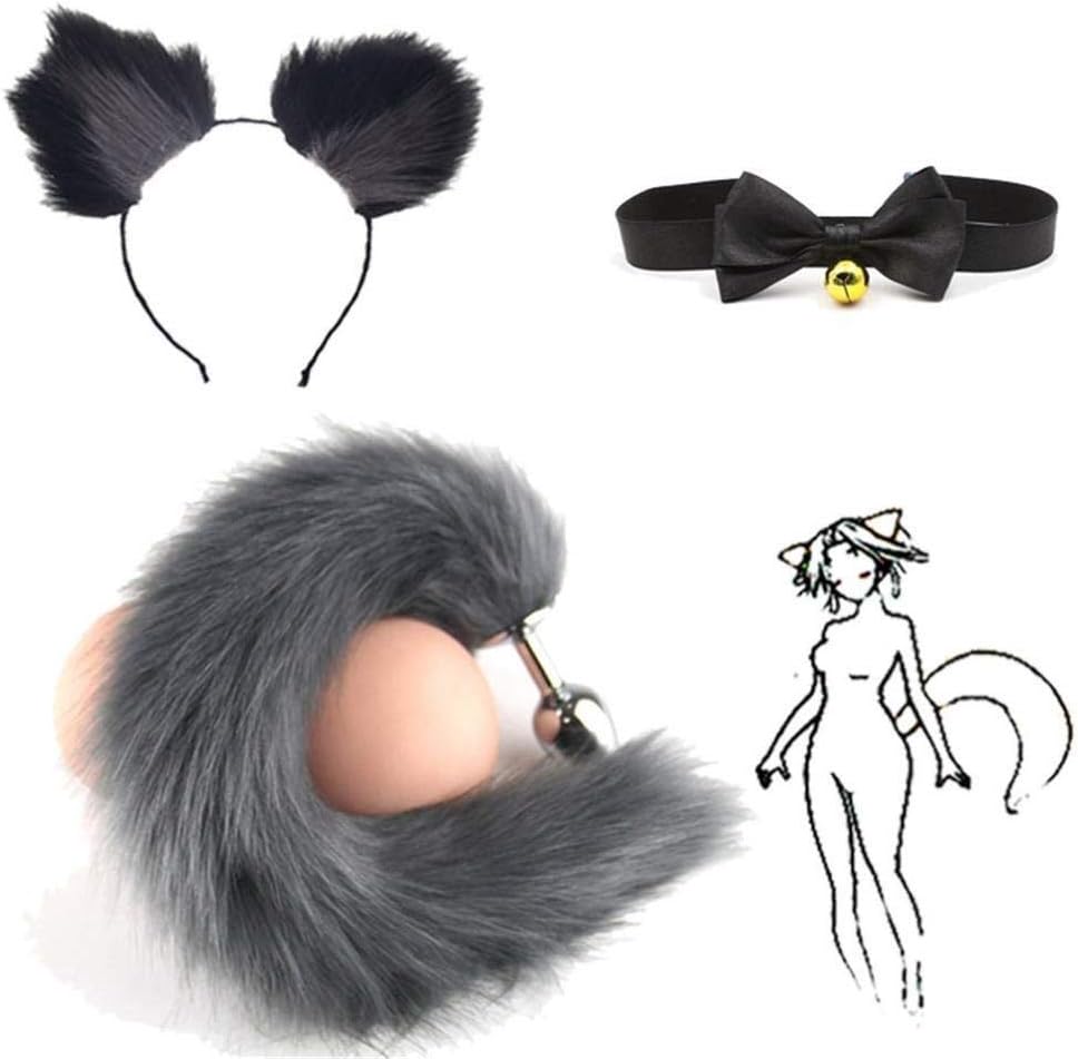 Cos- Ring Collar, Grey Fluffy B-ütt P-l-ǔ-g Fox Tail Plush and Multicolor Cat Ears Anime Set For Women Glamour Female Masquerade Props 3pcs Set Cosplay Costume Props ( Color : Black+Grey , Size : L )