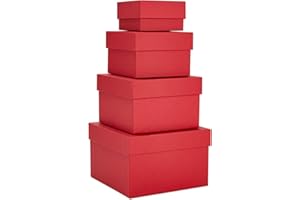 Stockroom Plus 4 Pack Square Nesting Gift Boxes, Decorative Boxes with Lids in 4 Assorted Sizes for Wedding Reception, Bridal Shower, Baby Shower, Anniversary, Birthday Party Goodie Boxes (Red)