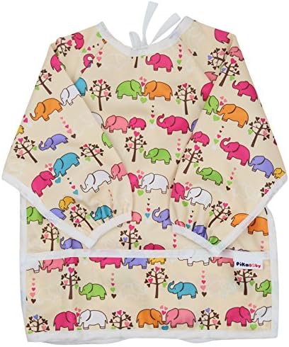 Pikababy Long Sleeved Bib Waterproof Bibs with pocket - 6 to 24 months baby girl and boy colors (Elephant)