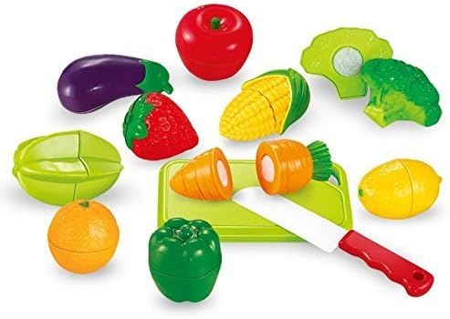 JEF Realistic Sliceable 10 Pcs Fruits & Vegetables with a Knife and Chopping Board, Cutting Play Toy Set, Can Be Cut in 2 Parts, Assorted