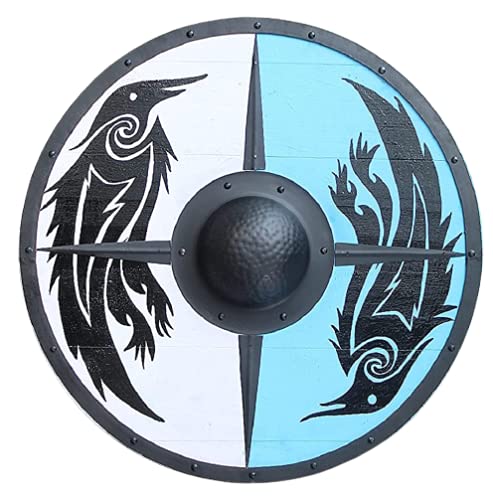 THOR INSTRUMENTS Medieval Eivor Valhalla Raven Authentic Battleworn Viking Shield White Rustic Vintage Home Decor Gifts, White, 24 inches