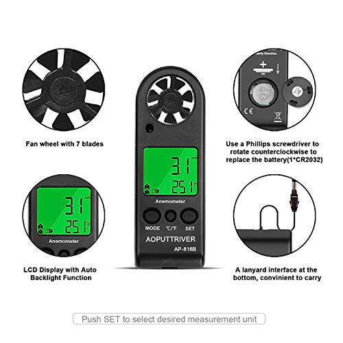 Digital Anemometer Handheld Wind Speed Meter for Measuring Wind Speed, Temperature and Max/Average/Current, High Precision, Measuring for Windsurfing Sailing Fishing Outdoor Activities-AP-816B(Black)