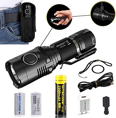 EASTSHINE Bundle: Nitecore MH20GT CREE XP-L HI V3 414 Yards 1000 Lumens USB Rechargeable EDC Flashlight by 2300mAh 18650 with 2PCs 700mAh E07 16340 Li-ion Batteries