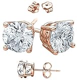 Unisex Rose Gold Overlay 925 Sterling Silver Round Cubic Zirconia Square White Cz Stud Earrings