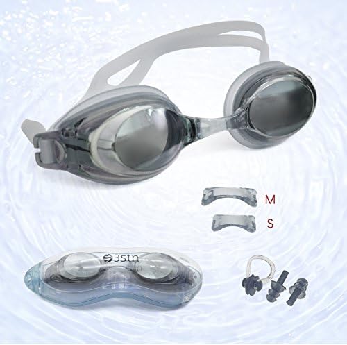 Swim Goggles + Ear and Nose Plugs - 3STN | Professional Athletic Glasses with UV + Leaking Protection, Fogproof, Mirrored for Pool, Outdoor, Triathlon | For Men, Women, Adults, Youth (grey)
