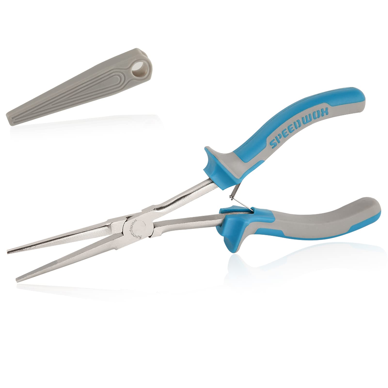 SPEEDWOX Long Reach Needle Nose Pliers Precision Needle Nose Pliers w/ Teeth Wire Looping Pliers for Jewelry Making Extra Long Needle Nose w/ Protective Cover for Narrow Space, Blue White, Medium
