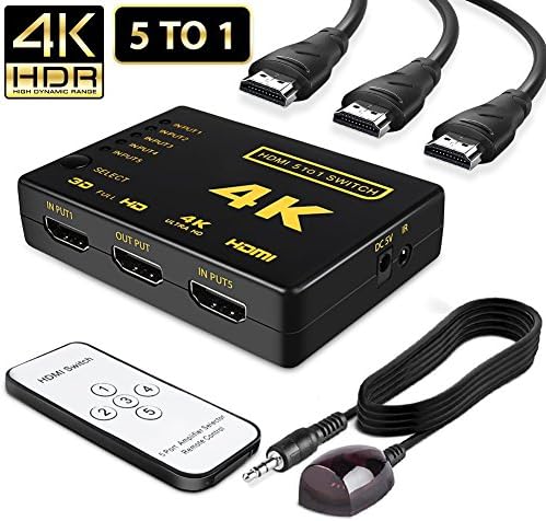 HDMI Switch splitter,Sasrl Intelligent 5-Port HDMI Switch, Supports 4K, Full HD1080p, 3D with IR Remote
